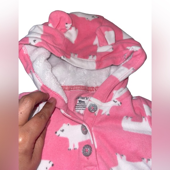 Carters Pajamas Girl's Pink Polar Bear Hooded Fleece Jumpsuit Snap-Up - Picture 3 of 5